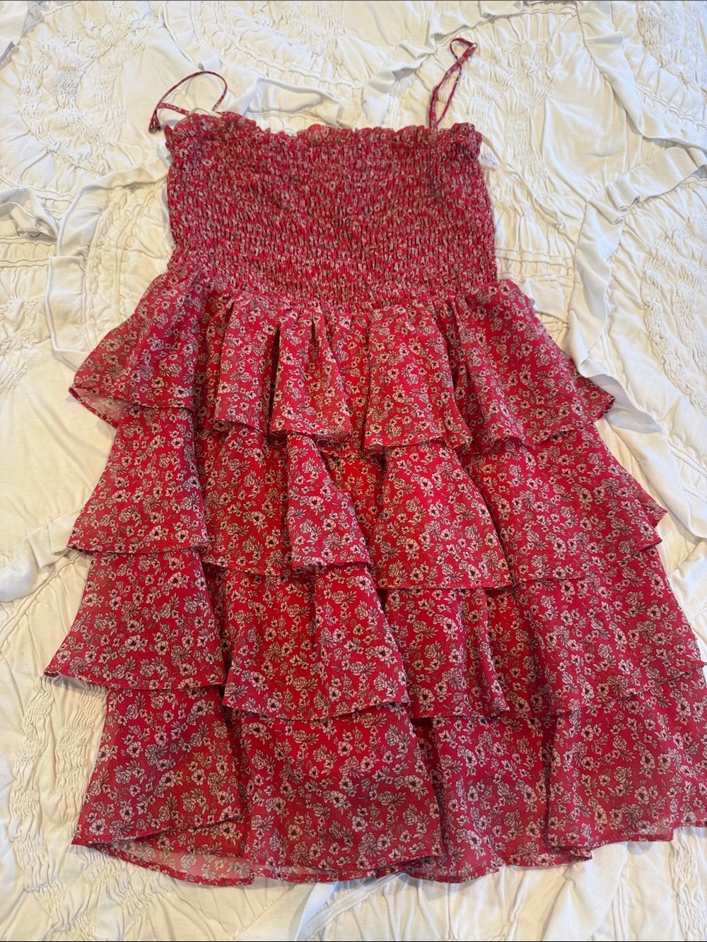 Smocked Red Floral Ruffle Mini Dress